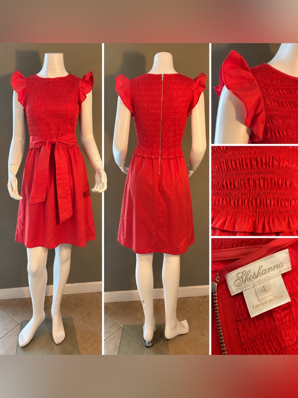 Shoshanna Bright Red Smocked Bodice Dress with Waist Tie